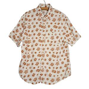 Alex Crane Mens Linen Ola Shirt L Button Up Front Floral Short Sleeve Hawaiian